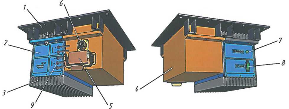 1 - основание; 2 - модуль питания; 3 - радиатор; 4 - фильтр; 5 - разъем Х30; 6 - разъем Х29; 7 - светодиод «Включено»; 8 - тумблер «Питание»; 9 - провода с кабельными наконечниками.