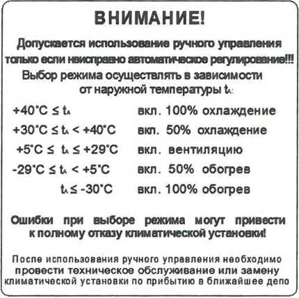 Указатель порядка пользования аварийным переключателем климатической установки