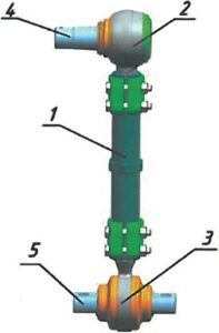 Рисунок 2.8 - Поводок системы стабилизации: 1 - тяга поводка; 2 - верхняя опора; 3 - нижняя опора; 4 - палец верхней опоры; 5 - поводок нижней опоры.