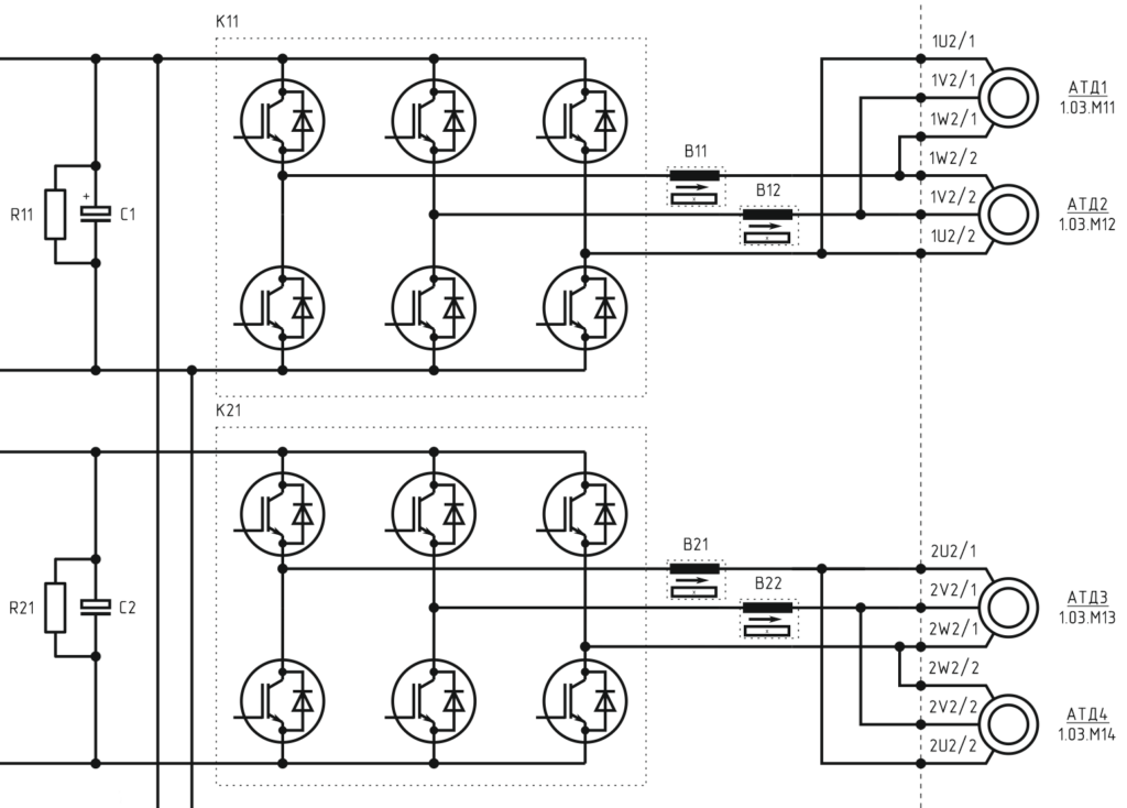 Принципиальная схема трехфазного импульсного инвертора