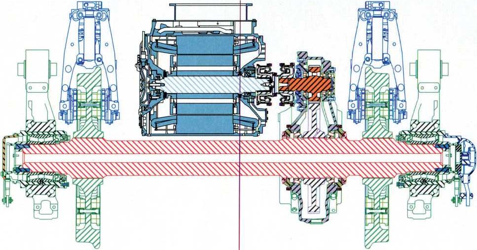 Рис. 3.95. Колесная пара, буксы, редуктор, клещевые механизмы, муфта и ТЭД в разрезе по валам