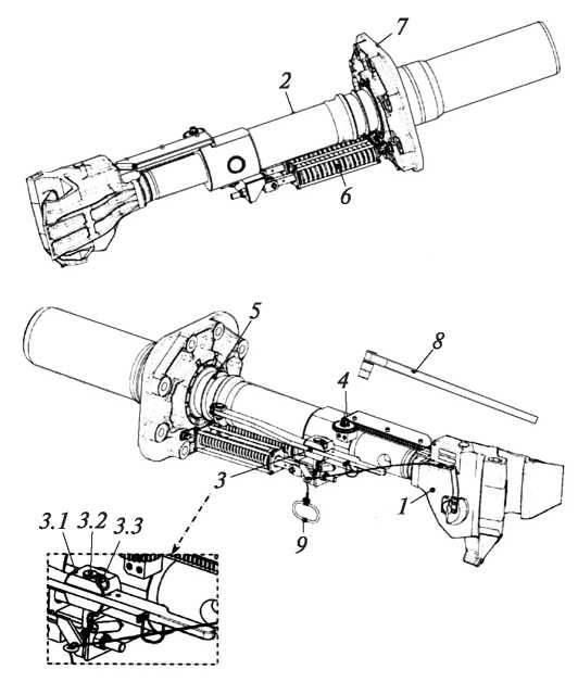 Рис. 3.156. Головная автосцепка с телескопическим механизмом, фланцем и ударо-поглотителем