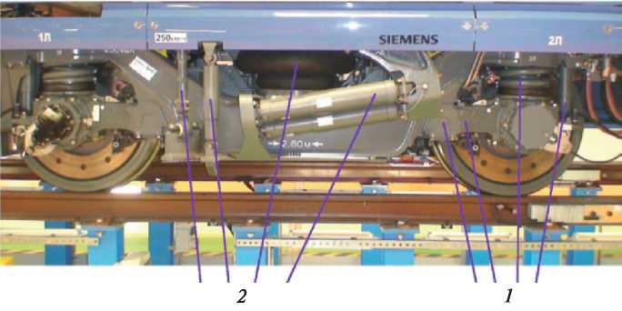Рис. 3.54. Тележка с элементами рессорного подвешивания 1-й (1 ) и 2-й ступеней (2 ) (вид сбоку)